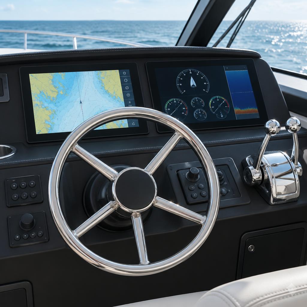 Console de comando e detalhe de motor da embarcação